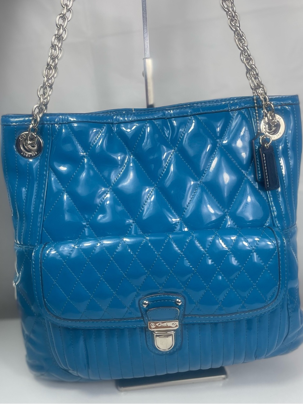 Coach Poppy Liquid Gloss Rare Teal Patent Leather Quilted Bag Y2K - Picture 1 of 14